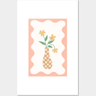 checkered warm beige and tan vase with yellow flowers with peach squiggle frame Posters and Art